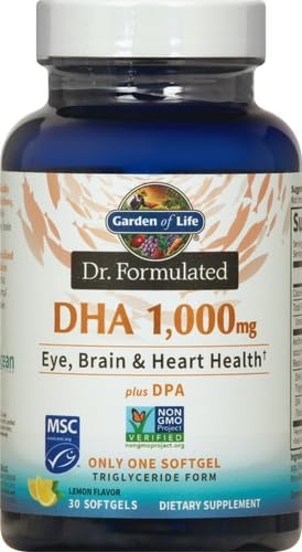 Garden of Life Dr. Formulated DHA 1,000mg Fish Oil - Lemon, Once Daily 1000mg DHA + DPA in Triglyceride Form, Single Source Omega 3 Supplement for Ultimate Eye, Brain & Heart Health, 30 Softgels