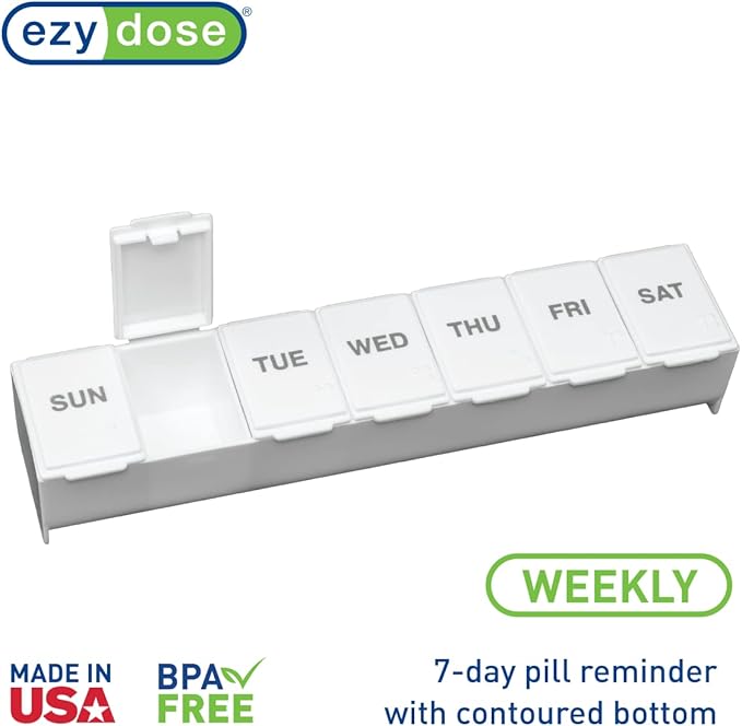 EZY DOSE Weekly (7-Day) Pill Case, Medicine Planner, Vitamin Organizer Box, Convenient and Easy to Use, Large Compartments, Travel Friendly, White, Made in the USA, BPA Free