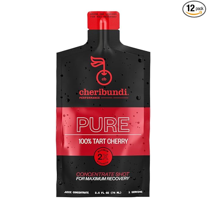 Cheribundi | 100% Tart Cherry Juice Pure Concentrate Grab & Go | 2.5 Fluid Ounce Pouch for Maximum Recovery with 40 Tart Cherries | 100 Calories, 0 Preservatives, Non-GMO | 2.5 floz (Pack of 12)