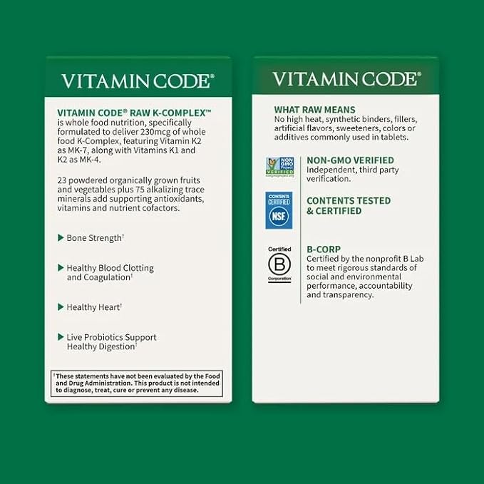 Vitamin K2 and K1 by Garden of Life, Vitamin Code Vegan K Complex Vitamin for Bone Strength and Heart Health, Omega Rich Flax Seed Oil, Trace Minerals, Probiotics, 60 Day Supply