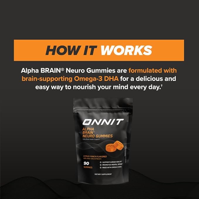ONNIT Alpha Brain Neuro Focus Gummies - Vegan Gummies with Omega-3s, Lutein, Zeaxanthin & Caffeine - Brain, Eye & Focus Supplement for Men & Women†, Citrus Punch Flavor, 90 Count