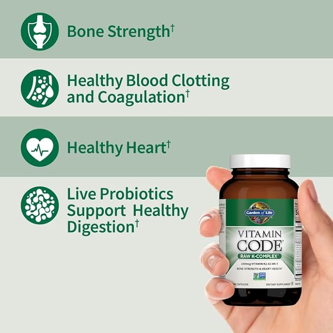 Vitamin K2 and K1 by Garden of Life, Vitamin Code Vegan K Complex Vitamin for Bone Strength and Heart Health, Omega Rich Flax Seed Oil, Trace Minerals, Probiotics, 60 Day Supply