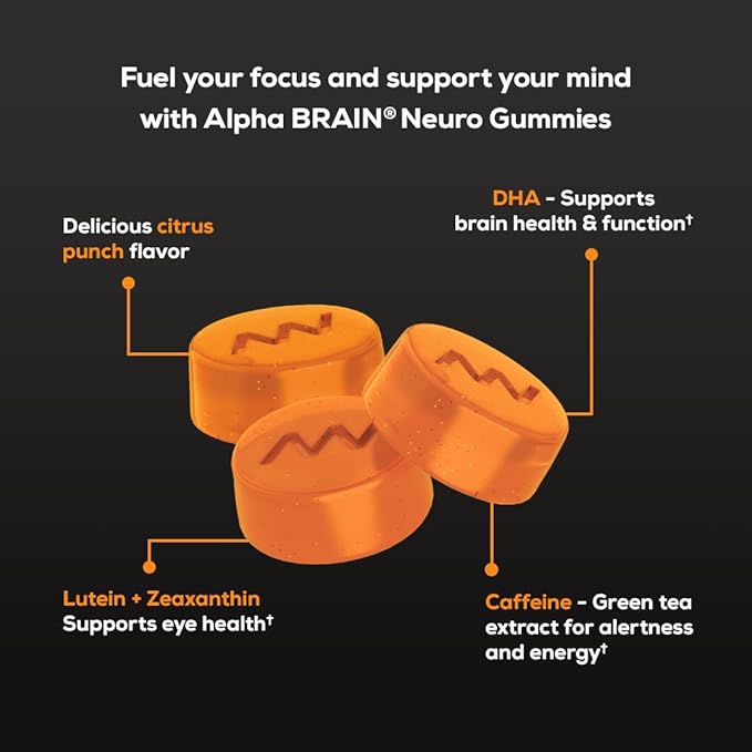 ONNIT Alpha Brain Neuro Focus Gummies - Vegan Gummies with Omega-3s, Lutein, Zeaxanthin & Caffeine - Brain, Eye & Focus Supplement for Men & Women†, Citrus Punch Flavor, 90 Count