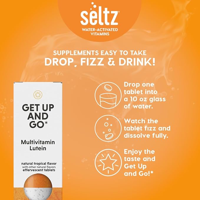 Seltz® Water-Activated Vitamins - Get Up and Go with Multivitamin and Lutein – Natural Tropical Flavor Dietary Supplement - 1 Pack x 20 Effervescent Tablets