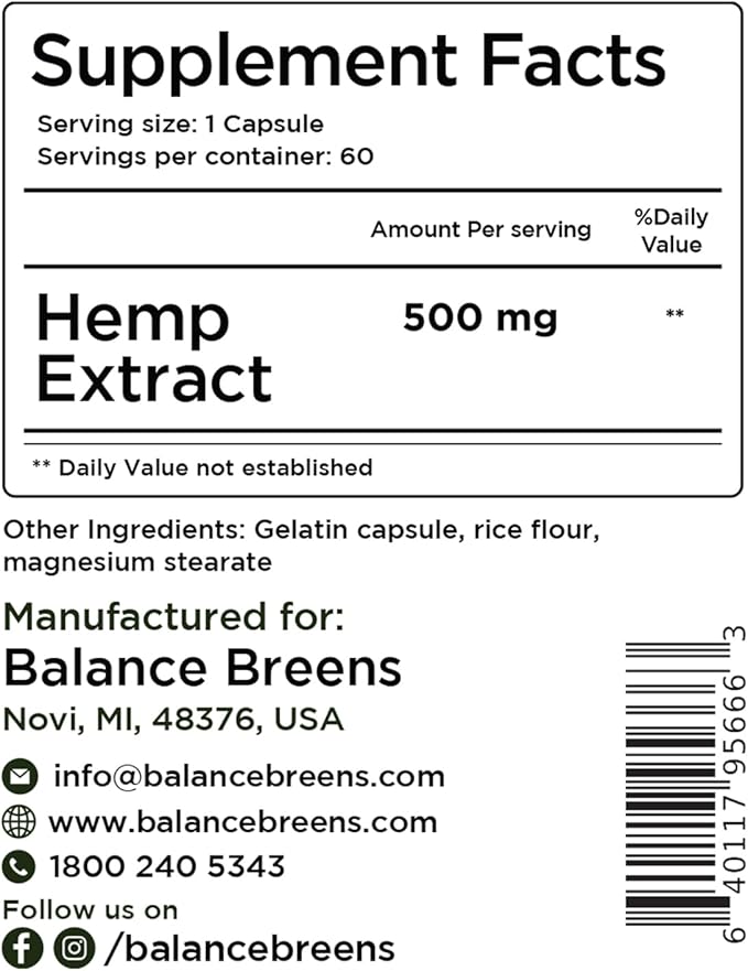 Balance Breens Hemp Extract Capsules 30,000 mg per Bottle - Natural Dietary Supplement Supports Brain Functions, Immune Support - Rich in Omega 3-6-9 Fatty Acids (60 Count (Pack of 1))