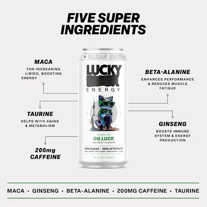 Lucky Energy Sugar Free Energy Drinks 19.2 Fl Oz Cans (Pack of 12) Healthy Energy Drink. OG Luck with Maca, Ginseng, Taurine, Beta-Alanine, 200mg Caffeine (Packaging May Vary)