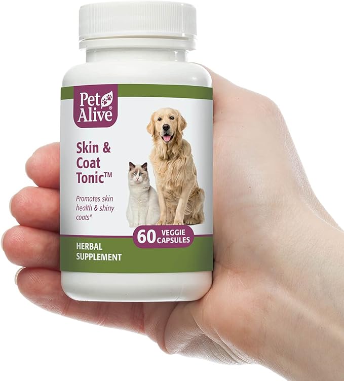 PetAlive Skin and Coat Tonic - All Natural Herbal Supplement for Cat and Dog Skin Health and Shiny, Glossy Coats - 60 Veggie Caps