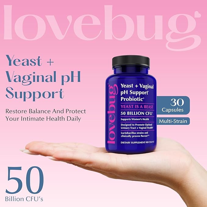 LOVEBUG Yeast + Vaginal pH Support | Clinically Studied Ingredients for Yeast & UTIs | Multi Strain 50 Billion CFU | 60 Capsules