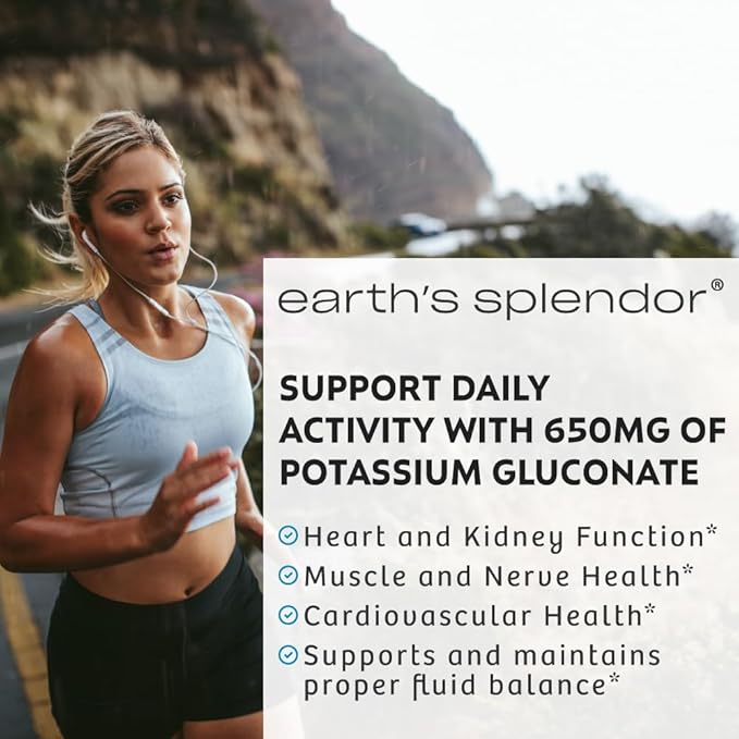 Earth's Splendor Potassium Gluconate 99mg Tablets - Supports Muscle and Nerve Health for Adults, 200 Count - 6+ Month Supply