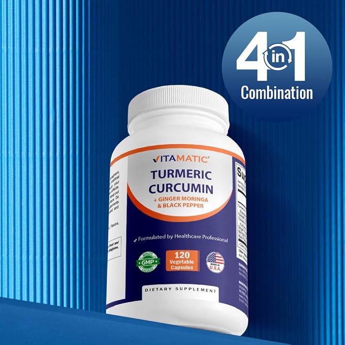 Vitamatic Turmeric Curcumin Supplement (10:1 Equivalent 3000 mg Per Serving, Made with 95% Curcuminoids, Black Pepper, Ginger, Moringa) 120 Vegetable Capsules, Non-GMO, Gluten Free (120 Capsules)