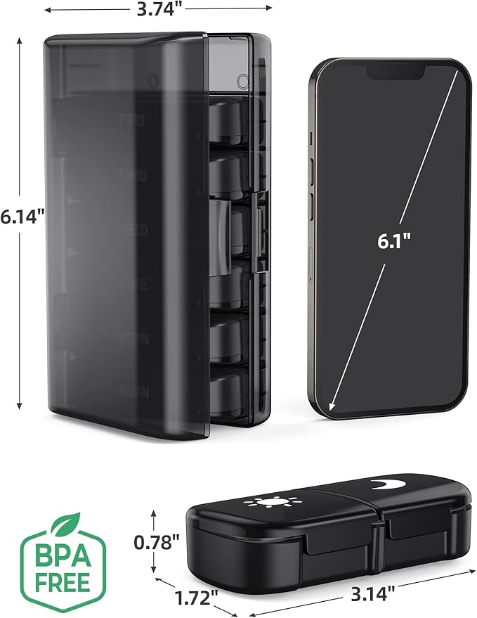 PULIV Extra Large Weekly Pill Organizer 2 Times a Day, One-Side Open Pill Box 7 Day for Easy Filling, Black Privacy Protection AM PM Pill Case for Vitamins, Medication, Supplements, Fish Oils Black
