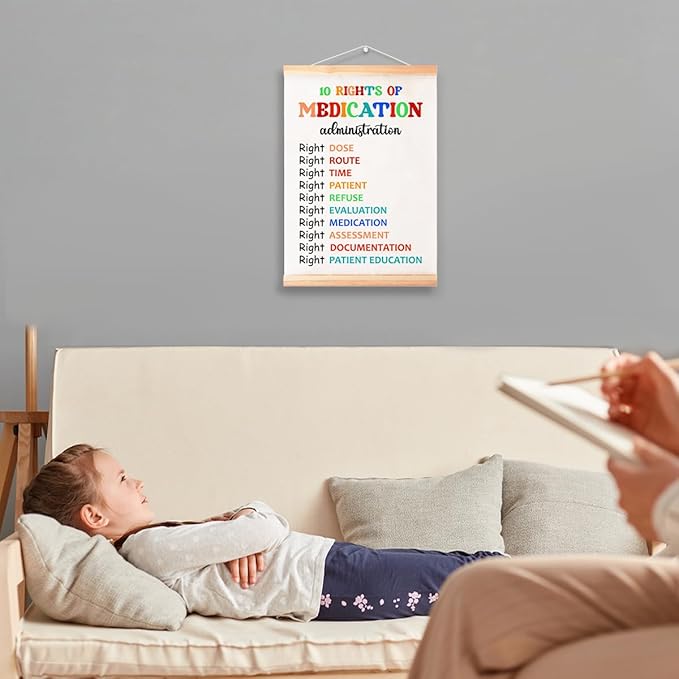 Mental Health Poster Hanger Frame for Therapy Counseling Office Wall Decor,10 Rights of Mebdication Canvas Wall Art Poster Print Wall Hanging 16x12in