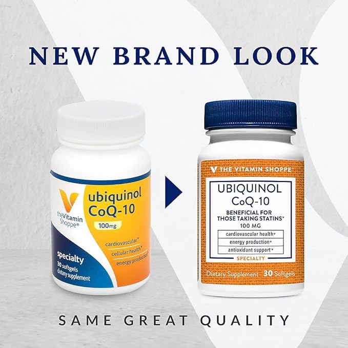 The Vitamin Shoppe Ubiquinol CoQ-10 100mg - Beneficial for Those Taking Statins – Supports Heart & Cellular Health and Healthy Energy Production, Essential Antioxidant – Once Daily (30 Softgels)
