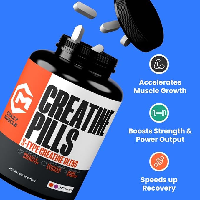 Crazy Muscle Creatine Monohydrate Pills, Premium 3 Type 5g Creatine Pills, Pre and PostWorkout & Keto Energy Builder, Easy to Take Three-Atine for Optimum Performance Men Women, 180 Tablets