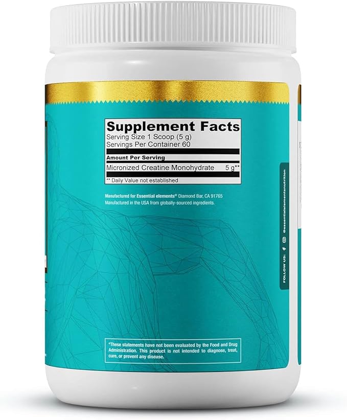 Essential Elements Monohydrate Creatine Powder for Women and Men - Micronized Creatine Instantized - Unflavored Pure Creatine Powder Supplements - 60 Servings
