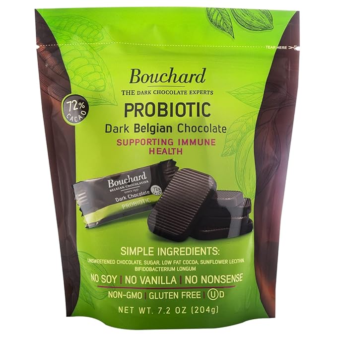 4 Pack! Bouchard Probiotic Dark Belgian Chocolate (72% Cacao) | Individually Wrapped in Resealable Bag | No Soy, No Vanilla, No Nonsense | Non-GMO, Gluten Free, OU-D Kosher