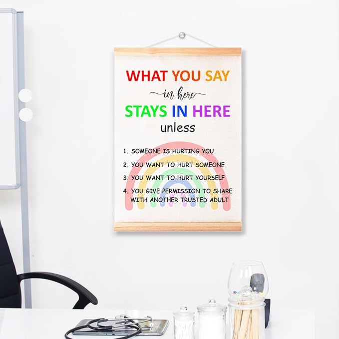 What You Say in Here Stays in Here Unless Poster Hanger Frame for Therapy Counseling Office Wall Decor,Mental Health Rainbow Canvas Wall Art Poster Print Wall Hanging 16x12in