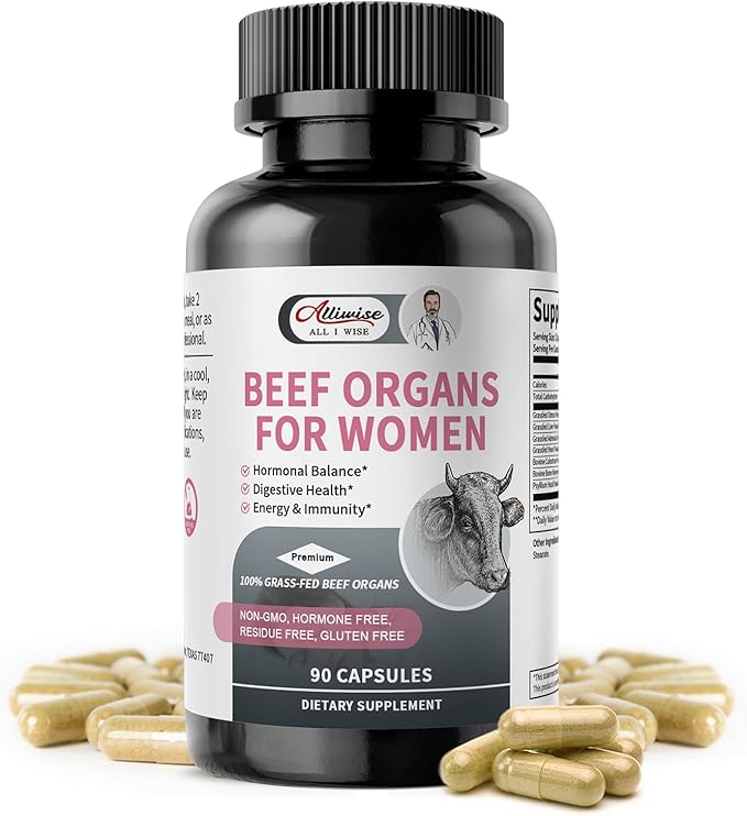 Beef Organ Supplement for Women - Grass Fed Beef Liver Uterus* Adrenals Heart Bone Marrow Colostrum for Female Hormo*nal Diges*tive Ener*gy Immunity* Beauty* | Non-GMO Gluten-Free (90 Capsules)
