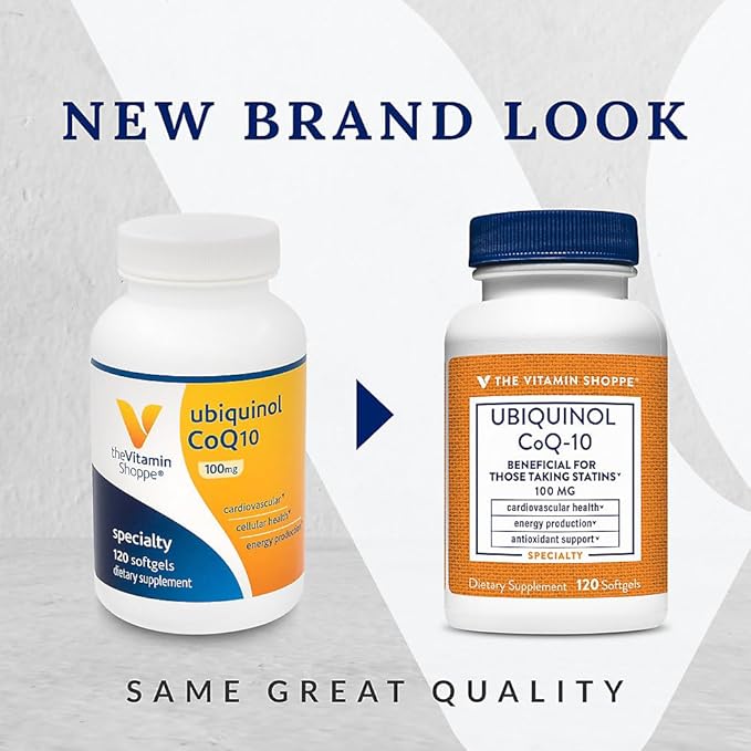 The Vitamin Shoppe Ubiquinol CoQ-10 100mg - Beneficial for Those Taking Statins – Supports Heart & Cellular Health and Healthy Energy Production, Essential Antioxidant – Once Daily (120 Softgels)
