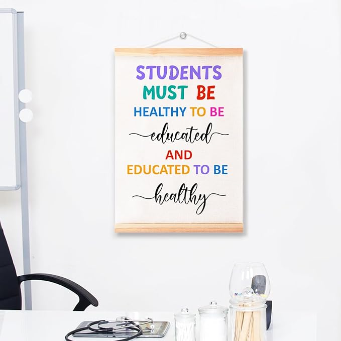 Students Must be Healthy to be Educated Poster Hanger Frame for Classroom Nursery School Wall Decor,School Nurse Office Decor Canvas Wall Art Poster Print Wall Hanging 16x12in