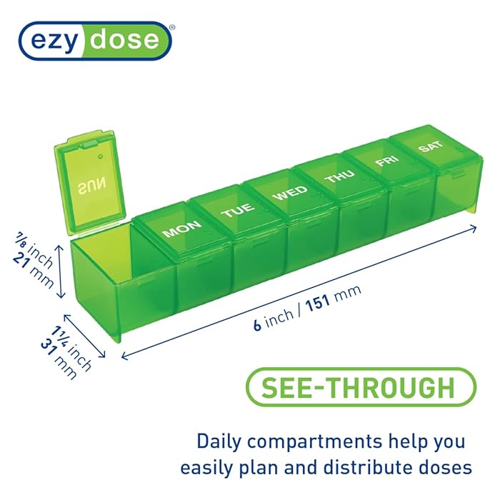 Ezy Dose Weekly (7-Day) Pill Organizer, Vitamin Case, and Medicine Box, Medium Compartments, Color May Vary, Made in the USA