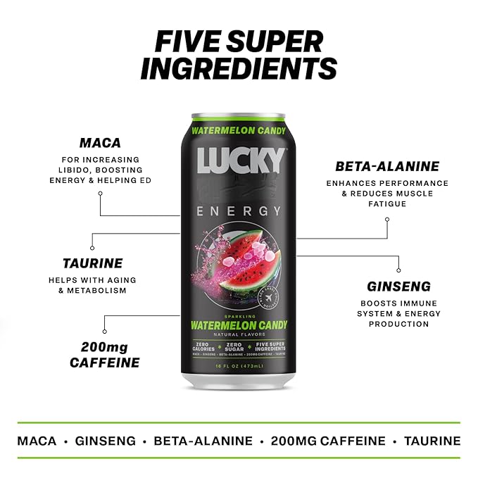Lucky Energy Sugar Free Energy Drinks 16 Fl Oz Cans (12-Pack) Watermelon Candy with Maca, Ginseng, Taurine, Beta-Alanine, 200mg Caffeine