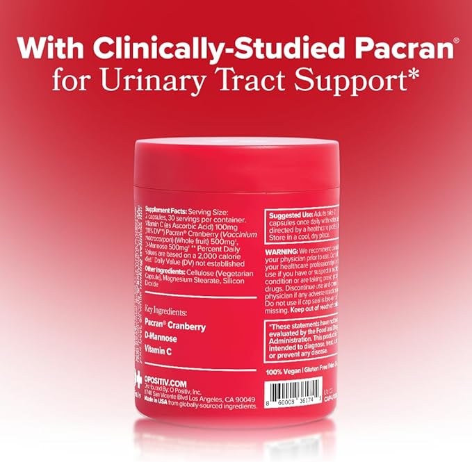O Positiv URO Urinary Tract Health Supplement for Women, 60 Count (Pack of 1) - Urinary Support Vitamins with Pacran Complete Cranberry Extract, D-Mannose, & Vitamin C - Vegan & Gluten-Free