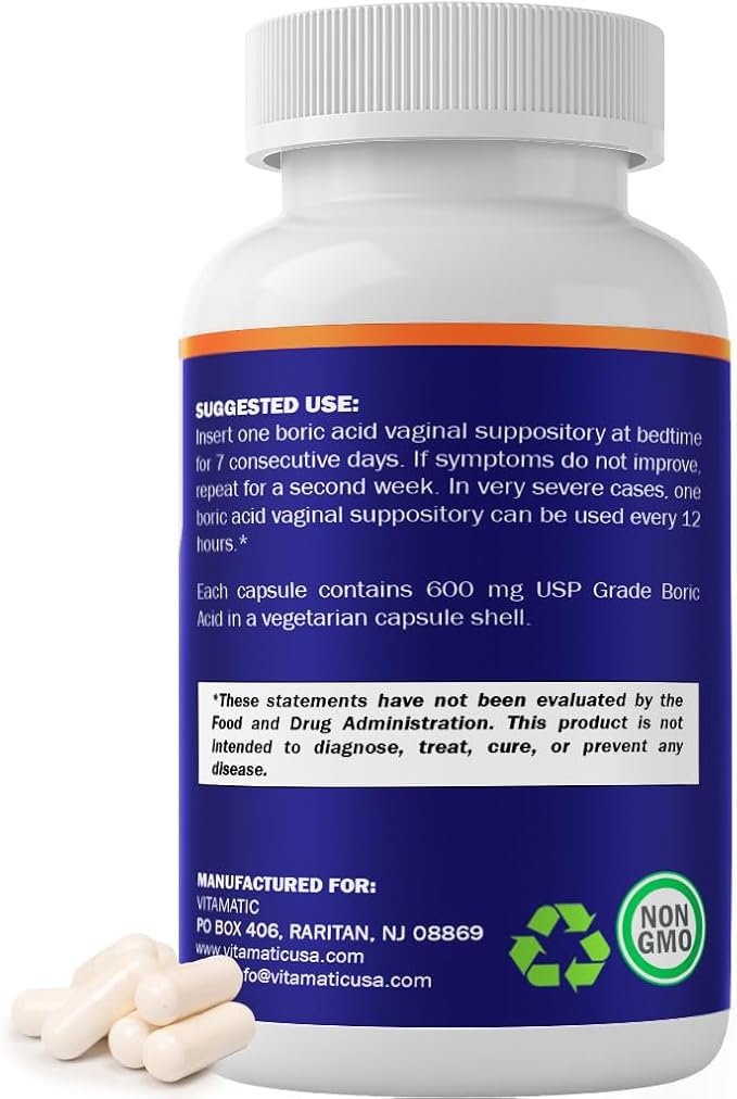 Vitamatic Boric Acid Vaginal Capsule Shell Suppositories 600 mg USP Grade Boric Acid in Vegetarian Capsule Shell - 60 Count