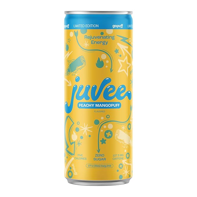 Juvee Rejuvenating Energy Drink. Sugar Free Energy Drinks. Taurine, Vitamin B12, Vitamin B6. 128 Mg Of Caffeine. L-Theanine For Mood Support. Panax Ginseng For Focus. Vitamin C For Immune Support. Gluten Free 12 oz - 12 Pack - Peachy Mangopuff