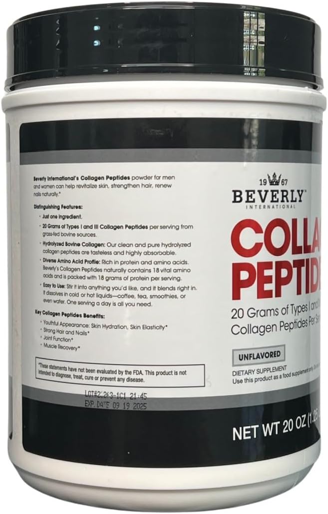 Beverly International Collagen Peptides Protein Powder. Youthful Appearance- Skin, Hair, Nails, Bones and Joint Health. Easy to Use, Highly Absorbable. 18 Grams of Protein, Unflavored 20 oz.