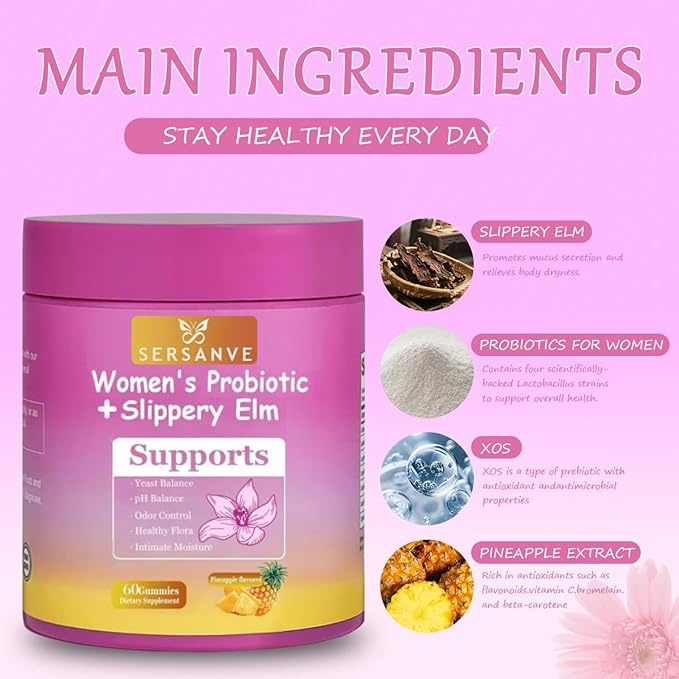 Her Juicy Feminine Probiotics Gummies for Women | Pineapple Flavor | Supports pH Balance, Gut Health & Immune System | with Slippery Elm, Vegan