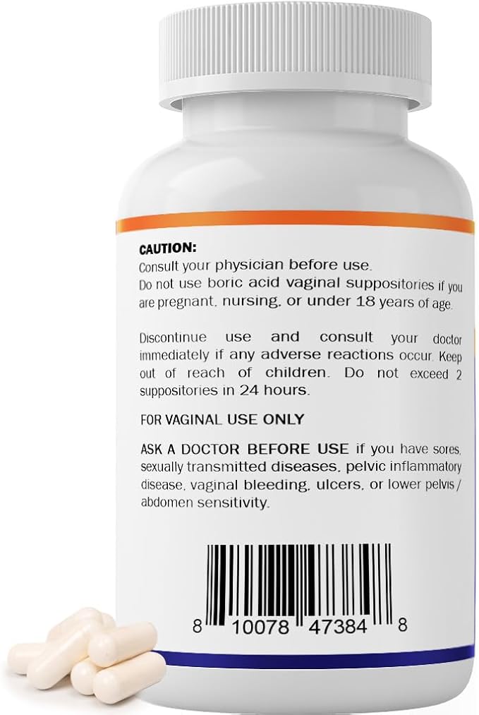 Vitamatic Boric Acid Vaginal Capsule Shell Suppositories 600 mg USP Grade Boric Acid in Vegetarian Capsule Shell - 60 Count