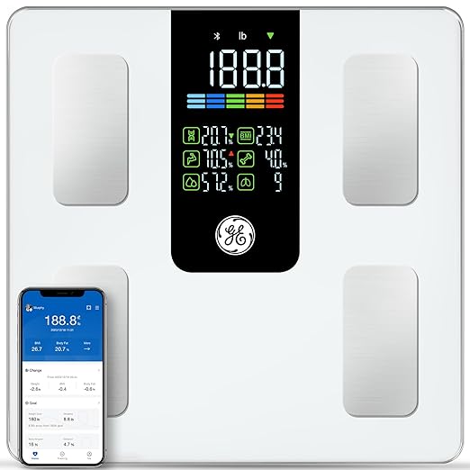 GE Scale for Body Weight Smart, Digital Bathroom Body Fat Scales for BMI Muscle Bluetooth Body Composition Monitor 11.8" Large Platform Accurate Weighing Machine Health Analyzer with App 500lbs, White