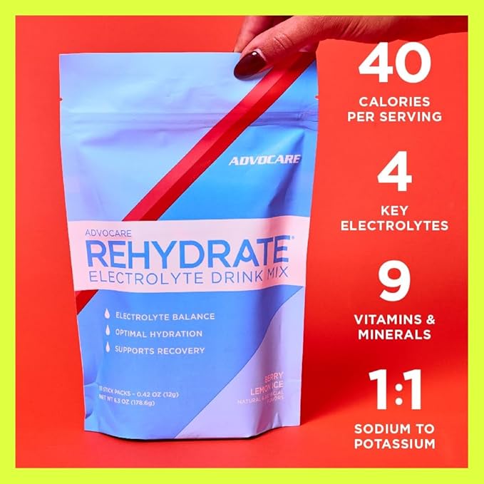 AdvoCare Rehydrate Electrolyte Drink Mix - Hydration & Recovery Drink with Sodium, Potassium & More - Berry Lemon Ice - 15 Hydration Packets
