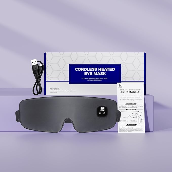 Aroma Season Silk Heated Eye Mask Cordless, 1500mAh Warm Eye Compress for Dry Eyes, Blepharitis, 4 Time Levels and 4 Temperature Settings, Washable (Dark Gray)