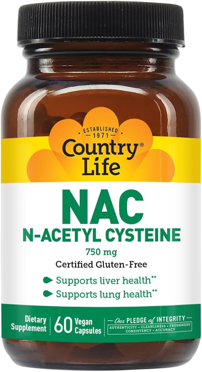 Country Life N-Acetyl Cysteine (NAC) 750 mg – Premium Liver Support and Lung Health Supplement – Powerful Antioxidant Protection, Liver Detox & Cleanse, Immune Support, 60 Vegetarian Capsules