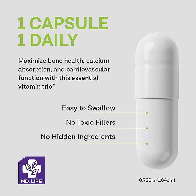 MD Life ADK Vitamin Supplement With Vitamin D3, K2 & A - 60 Capsules - Supports Bone & Heart Health - High Potency ADK Complex