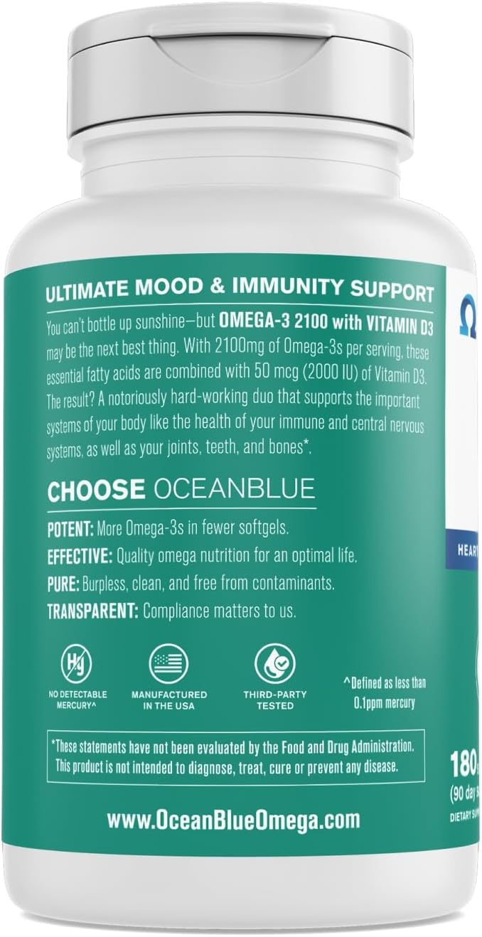 Oceanblue Professional Fish Oil with Vitamin D3 | Triple Strength 2100mg Omega 3 DPA EPA DHA | Wild Caught | Burpless Orange Flavor, 90 Servings (180 Count)