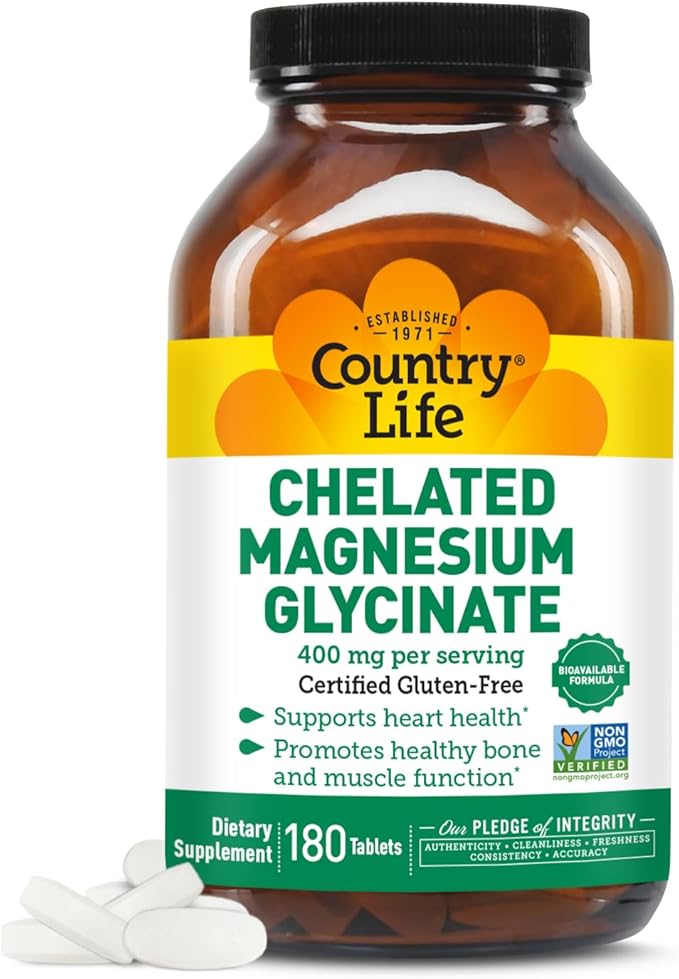 Country Life Chelated Magnesium Glycinate 400mg – High Absorption Magnesium Supplement for Muscle Relaxation, Energy, Bone & Immune Support – Gluten-Free, Vegan, Halal, Non-GMO Verified - 180 Tablets