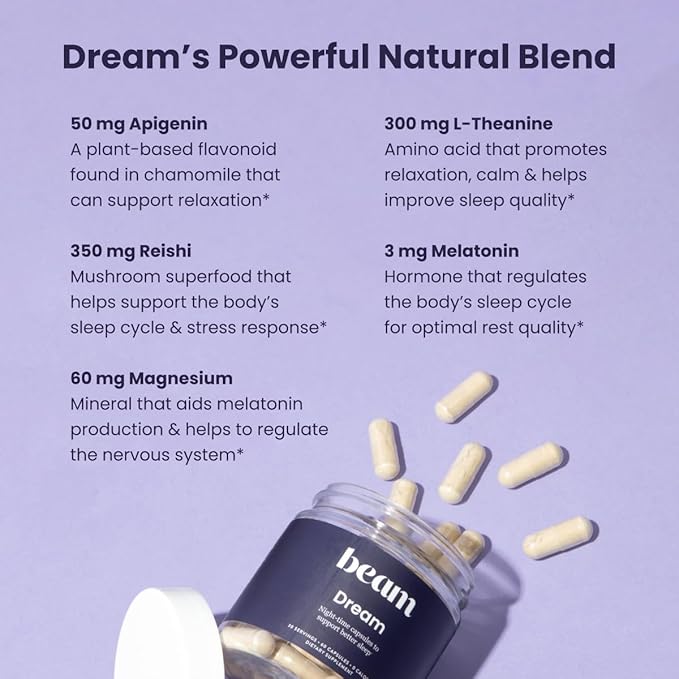 Beam Dream Sleep Capsules, Sleep Supplement, Sleep Aids for Adults, Contains Magnesium, Melatonin, L Theanine, Apigenin, Natural Sleep Aid, Vegan, Non GMO, Dairy Free, 3rd Party Tested, 30 Servings
