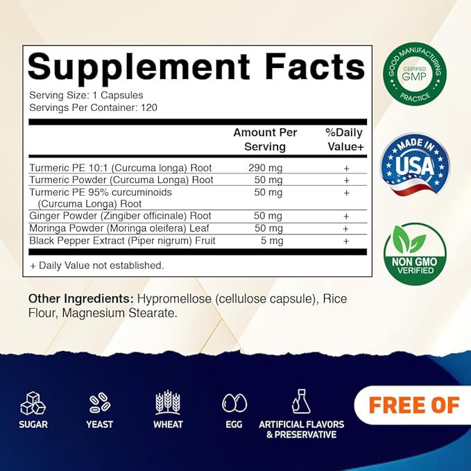 Vitamatic Turmeric Curcumin Supplement (10:1 Equivalent 3000 mg Per Serving, Made with 95% Curcuminoids, Black Pepper, Ginger, Moringa) 120 Vegetable Capsules, Non-GMO, Gluten Free (120 Capsules)