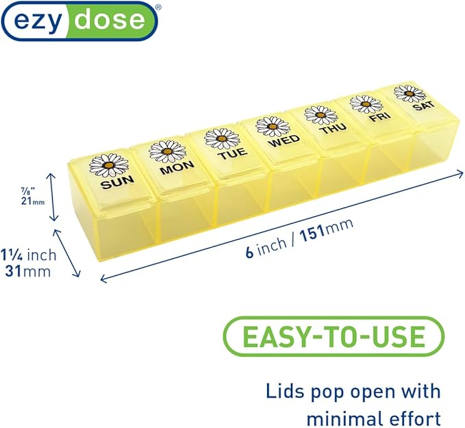 EZY DOSE Weekly (7-Day) Daily Pill Case, Medicine Planner, Vitamin Organizer, Supplement Container, Large Compartments, Yellow Daisy Days Design, Easy-to-Open, Travel-Friendly, BPA Free