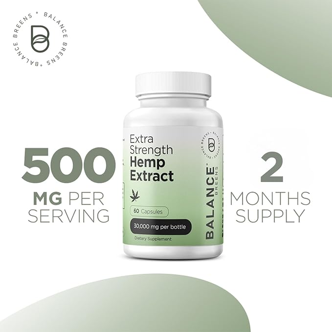 Balance Breens Hemp Extract Capsules 30,000 mg per Bottle - Natural Dietary Supplement Supports Brain Functions, Immune Support - Rich in Omega 3-6-9 Fatty Acids (60 Count (Pack of 1))