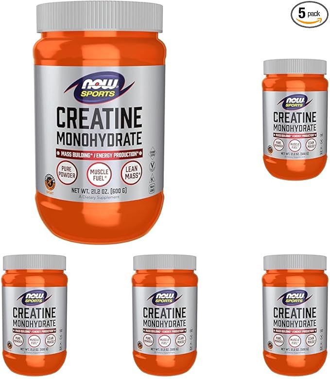 NOW Sports Nutrition, Creatine Monohydrate Powder, Mass Building*/Energy Production*, 21.2-Ounce (Pack of 5)