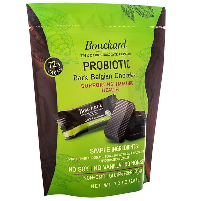 4 Pack! Bouchard Probiotic Dark Belgian Chocolate (72% Cacao) | Individually Wrapped in Resealable Bag | No Soy, No Vanilla, No Nonsense | Non-GMO, Gluten Free, OU-D Kosher