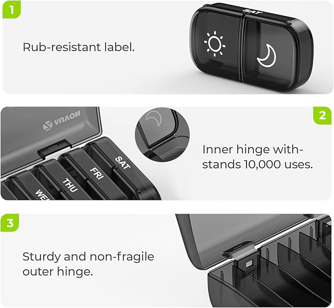 AUVON XL Weekly Pill Organizer 2 Times a Day, Pill Box 7 Day with One-Side Large Openings for Easy to Use, Black Privacy Protection AM PM Pill Case for Medication, Vitamins, Fish Oils, Supplements