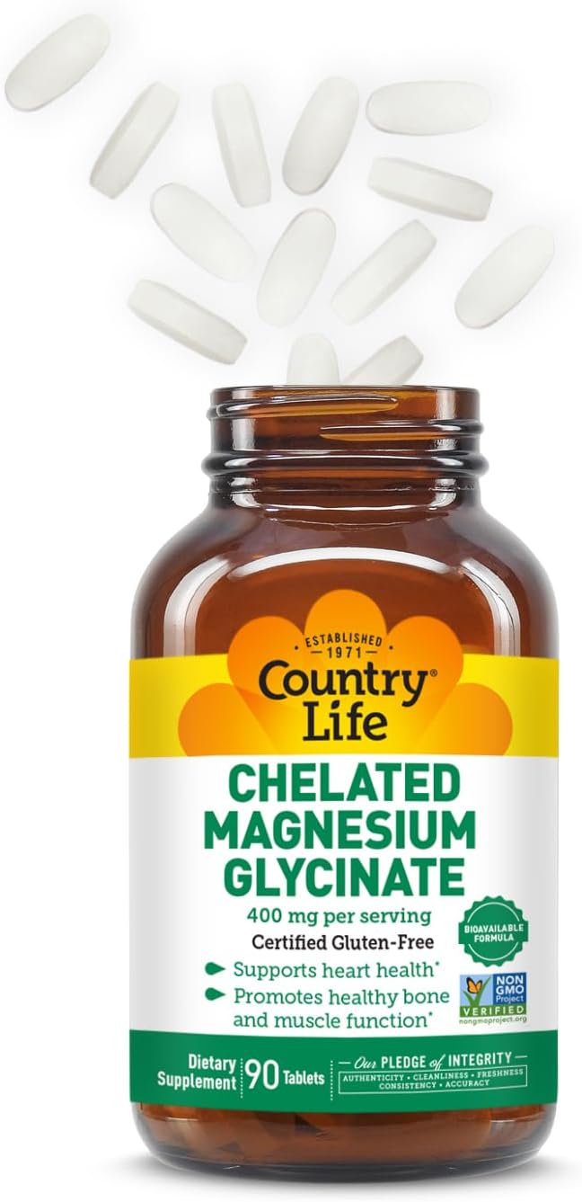 Country Life Chelated Magnesium Glycinate 400mg, 90 Tablets, Certified Gluten Free, Certified Vegan, Certified Halal, Non-GMO Verified