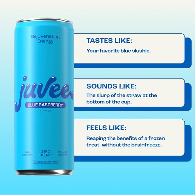 Juvee Rejuvenating Energy Drink. Sugar Free Energy Drinks. Taurine, Vitamin B12, Vitamin B6. 128 Mg Of Caffeine. L-Theanine For Mood Support. Panax Ginseng For Focus. Vitamin C For Immune Support. Gluten Free 12 oz - 12 Pack - Blue Raspberry