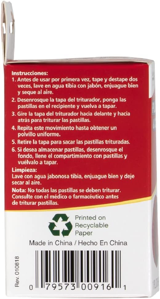 Pill Crusher and Grinder, Daily Usage, Safely Crushes Pills, Vitamins, Tablets, Accurate and Easy to Use, Includes Storage Container, Transparent/Red, BPA Free