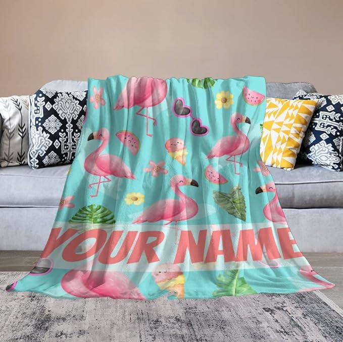 Custom Flamingo Blankets Gifts with Name - 60 x 80 Inches Cute Throw for Men & Women - Green Fluffy Comfort Furry Flamingo Blankets for Bed